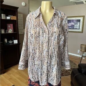 JM Collection brown, black & white lightweight button up blouse-size 16